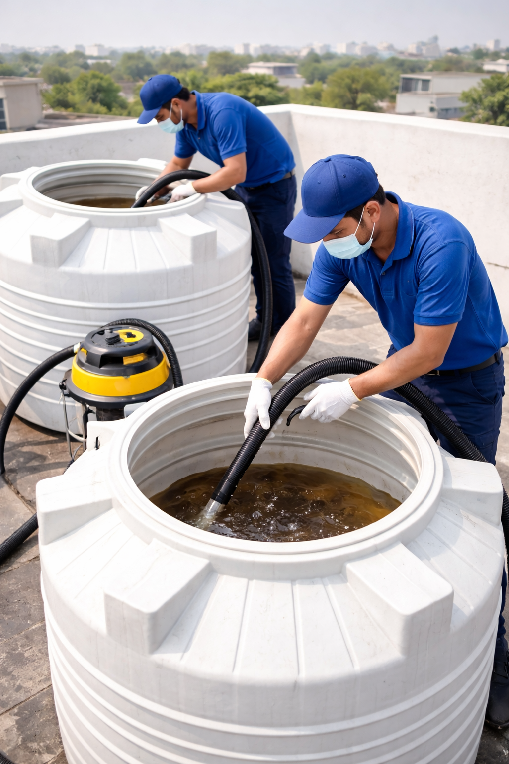 Technicians cleaning rooftop plastic tanks
