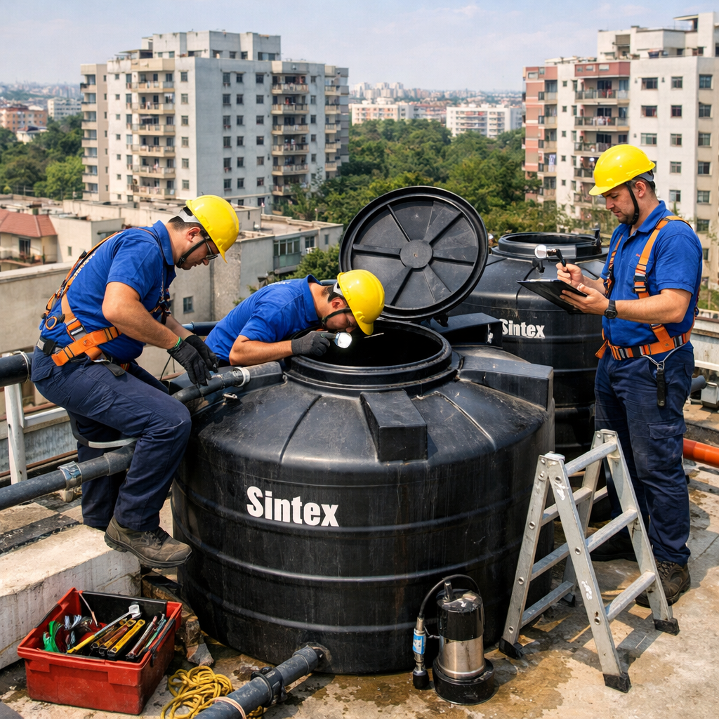 Team servicing rooftop Sintex tanks
