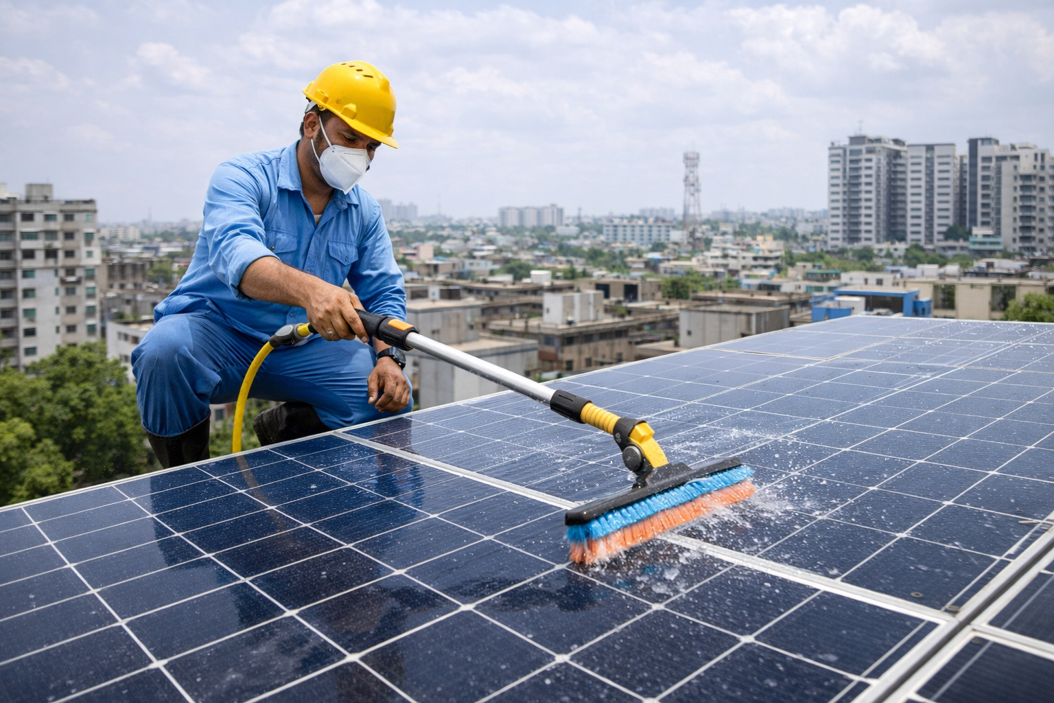 Rooftop technicians with water spray for solar modules