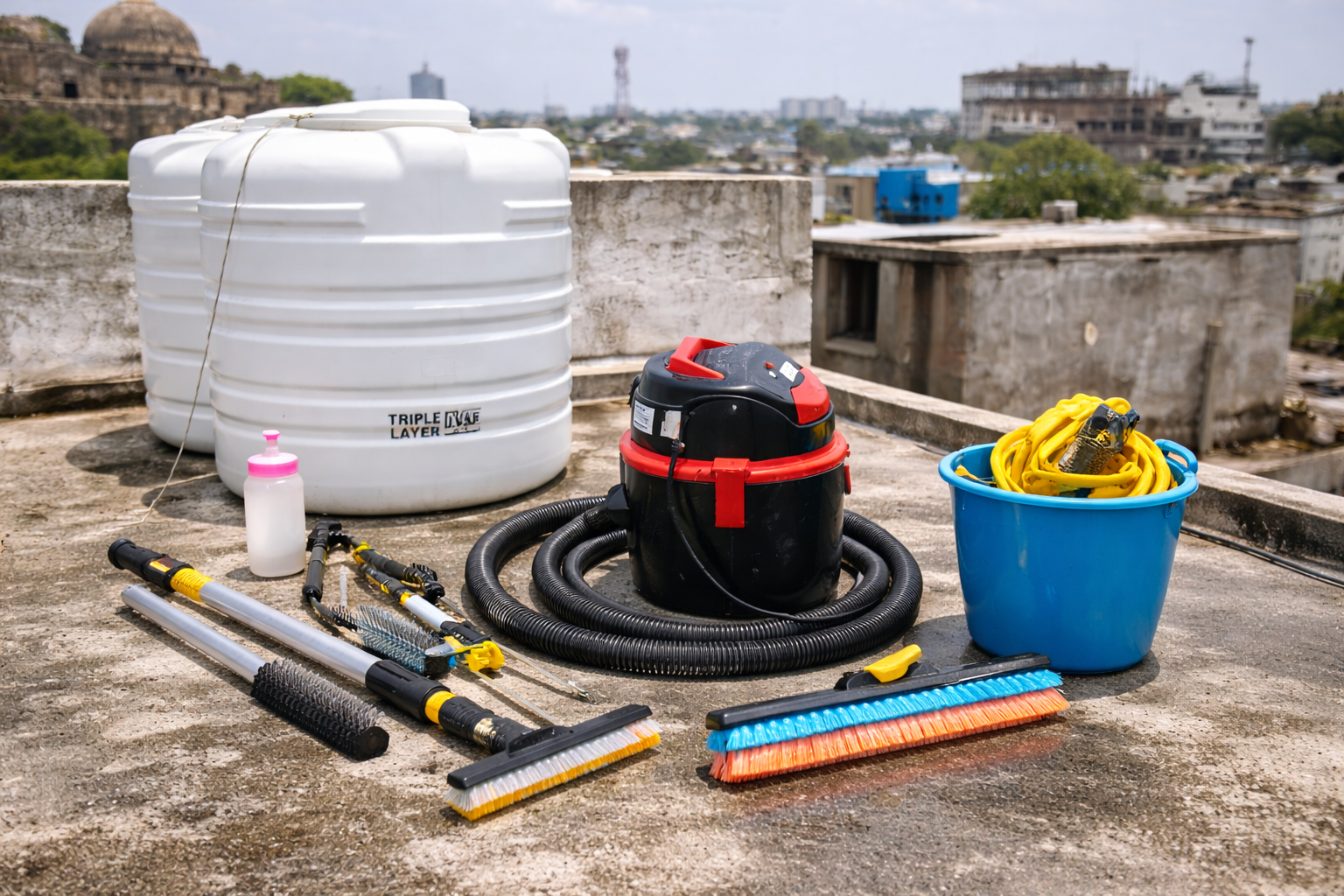 Domestic rooftop tank cleaning tools
